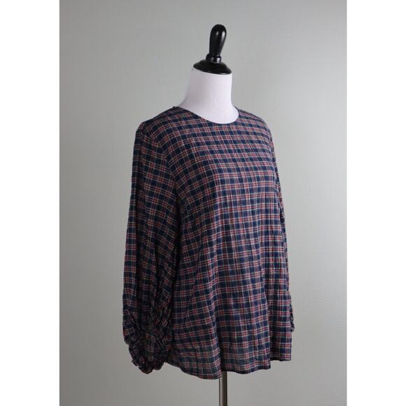 J. MCLAUGHLIN $178 Tartan Plaid Seer Sucker Textured Cotton Top Size Medium - Picture 2 of 6